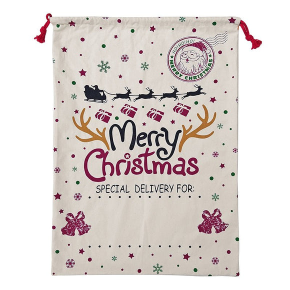 50x70cm Canvas Hessian Christmas Santa Sack Xmas Stocking Reindeer Kids Gift Bag, Cream - Snowflakes Reindeer - RnR Galore