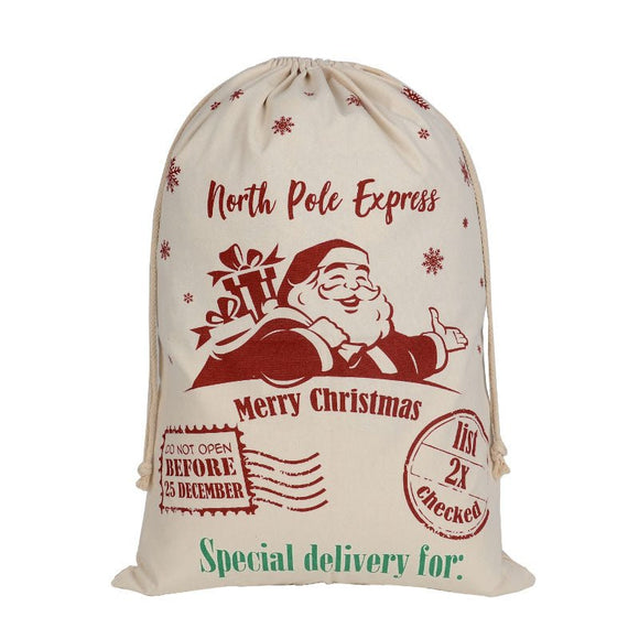 50x70cm Canvas Hessian Christmas Santa Sack Xmas Stocking Reindeer Kids Gift Bag, Cream - Snowflakes Santa - RnR Galore