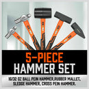 5Pc Hammer Set Rubber / Ball Pein / Sledge / Cross Pein Mallet TPR Grip Handle - RnR Galore