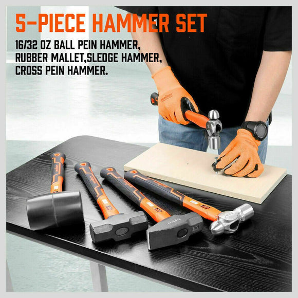 5Pc Hammer Set Rubber / Ball Pein / Sledge / Cross Pein Mallet TPR Grip Handle - RnR Galore