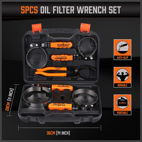 5Pc Oil Filter Wrench Set Swivel Grip Steel Belt Spanner Universal Filter Remove - RnR Galore
