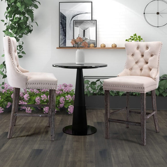 6X Velvet Bar Stools with Studs Trim Wooden Legs Tufted Dining Chairs Kitchen - RnR Galore