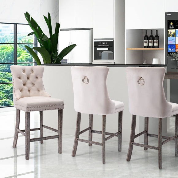 6X Velvet Bar Stools with Studs Trim Wooden Legs Tufted Dining Chairs Kitchen - RnR Galore