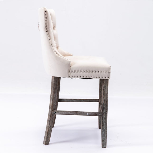 6X Velvet Bar Stools with Studs Trim Wooden Legs Tufted Dining Chairs Kitchen - RnR Galore