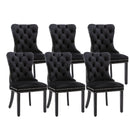 6x Velvet Dining Chairs Upholstered Tufted Kithcen Chair with Solid Wood Legs Stud Trim and Ring - Black - RnR Galore
