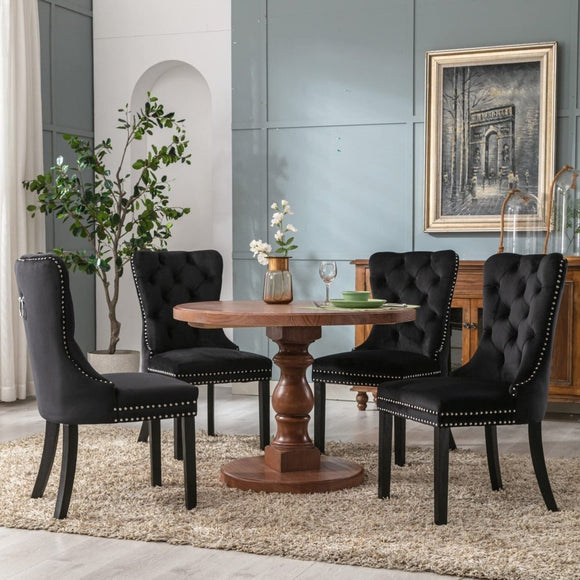 6x Velvet Dining Chairs Upholstered Tufted Kithcen Chair with Solid Wood Legs Stud Trim and Ring - Black - RnR Galore