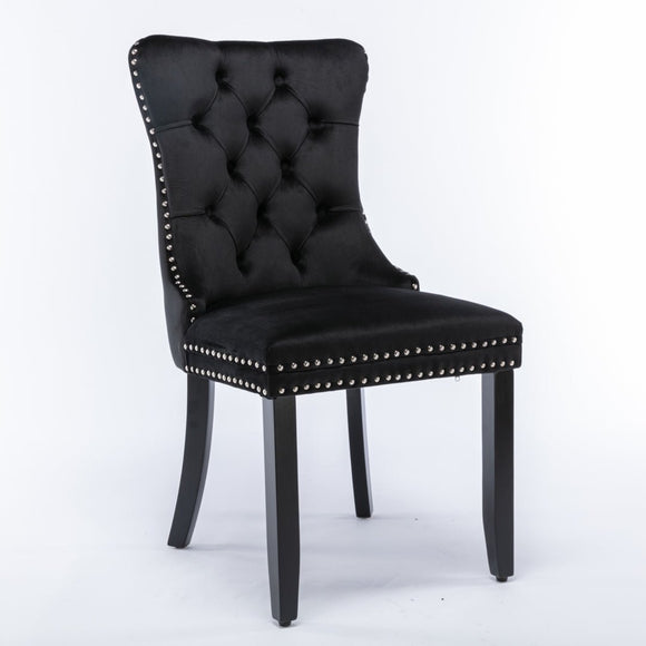 6x Velvet Dining Chairs Upholstered Tufted Kithcen Chair with Solid Wood Legs Stud Trim and Ring - Black - RnR Galore