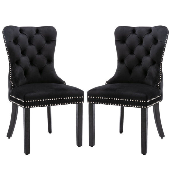 6x Velvet Dining Chairs Upholstered Tufted Kithcen Chair with Solid Wood Legs Stud Trim and Ring - Black - RnR Galore