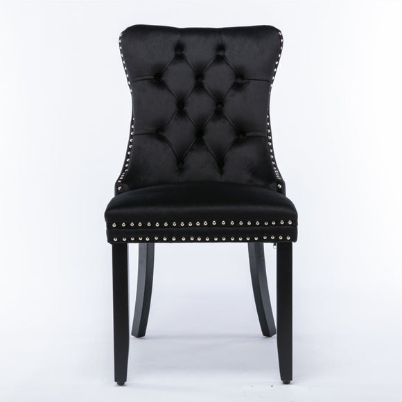 6x Velvet Dining Chairs Upholstered Tufted Kithcen Chair with Solid Wood Legs Stud Trim and Ring - Black - RnR Galore