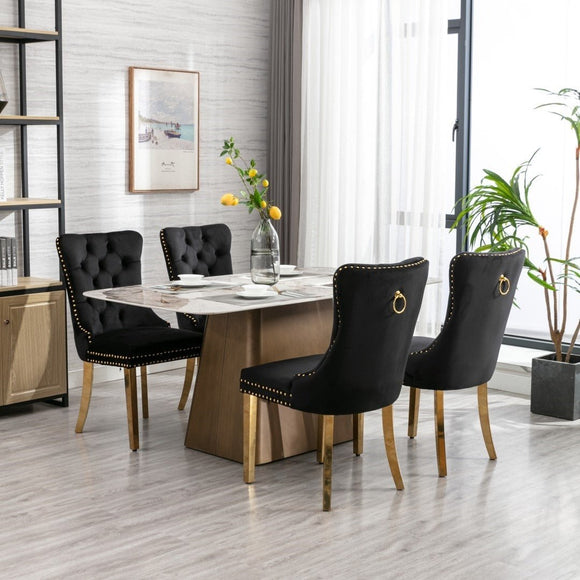 6x Velvet Dining Chairs with Golden Metal Legs - Black - RnR Galore