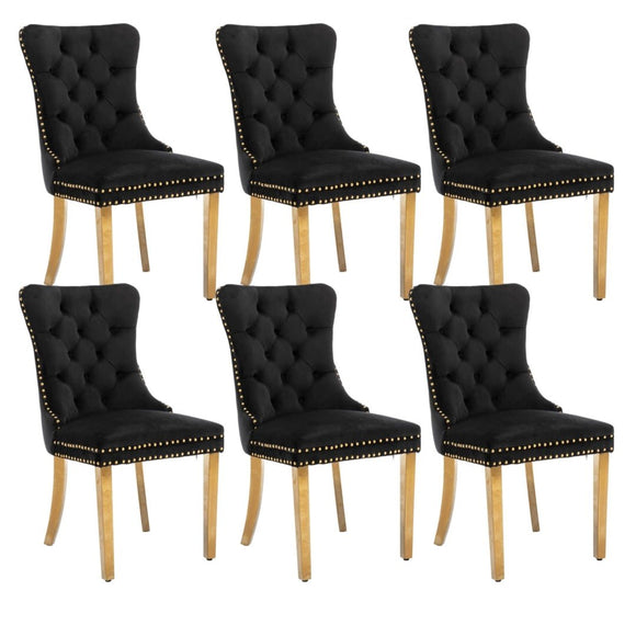 6x Velvet Dining Chairs with Golden Metal Legs - Black - RnR Galore