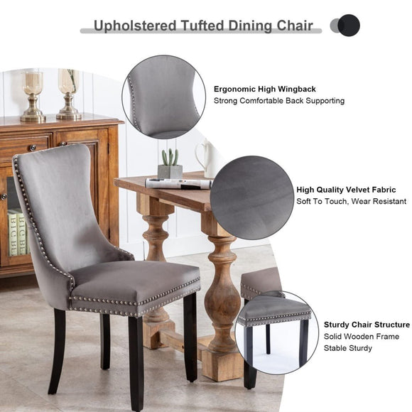 6x Velvet Upholstered Dining Chairs Tufted Wingback Side Chair with Studs Trim Solid Wood Legs for Kitchen - RnR Galore