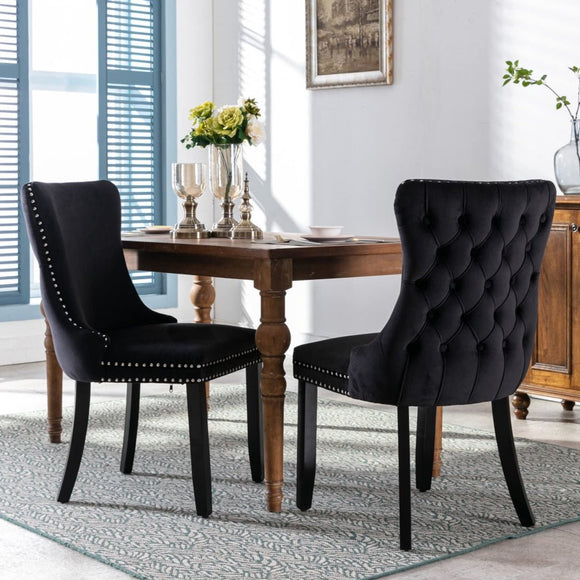 6x Velvet Upholstered Dining Tufted Chairs with Studs Trim and Solid Wood Legs - Black - RnR Galore