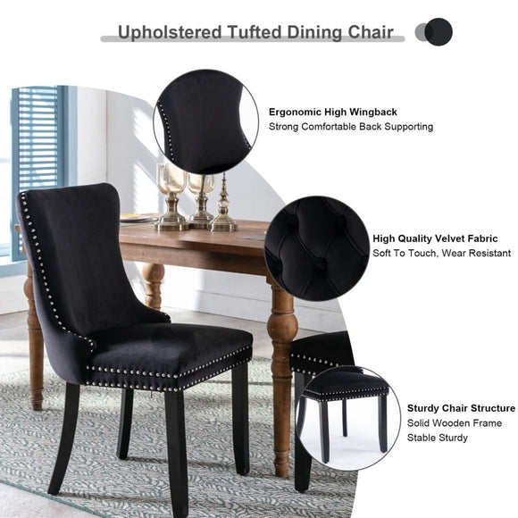 6x Velvet Upholstered Dining Tufted Chairs with Studs Trim and Solid Wood Legs - Black - RnR Galore