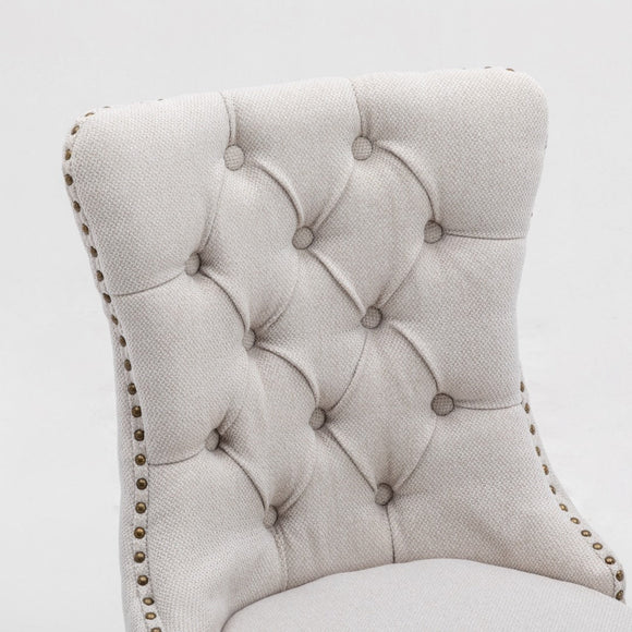 8x AADEN Modern Elegant Button - Tufted Upholstered Fabric with Studs Trim and Wooden legs Dining Side Chair - Beige - RnR Galore