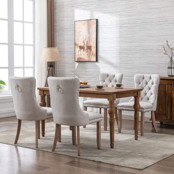 8x AADEN Modern Elegant Button - Tufted Upholstered Fabric with Studs Trim and Wooden legs Dining Side Chair - Beige - RnR Galore