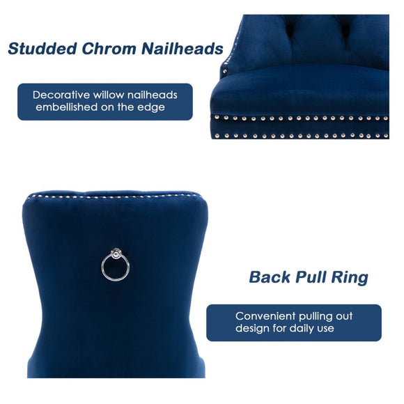 8x Velvet Dining Chairs Upholstered Tufted Kithcen Chair with Solid Wood Legs Stud Trim and Ring - Blue - RnR Galore