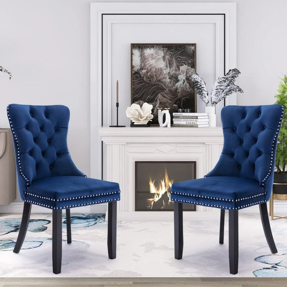 8x Velvet Dining Chairs Upholstered Tufted Kithcen Chair with Solid Wood Legs Stud Trim and Ring - Blue - RnR Galore
