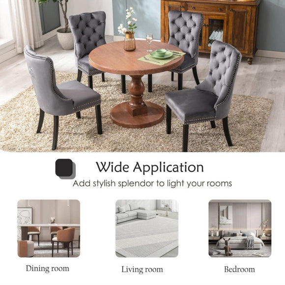 8x Velvet Dining Chairs Upholstered Tufted Kithcen Chair with Solid Wood Legs Stud Trim and Ring - Gray - RnR Galore