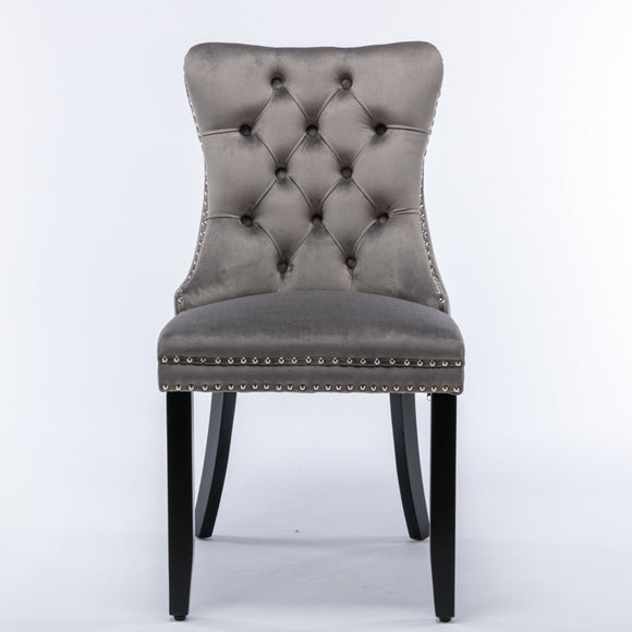 8x Velvet Dining Chairs Upholstered Tufted Kithcen Chair with Solid Wood Legs Stud Trim and Ring - Gray - RnR Galore
