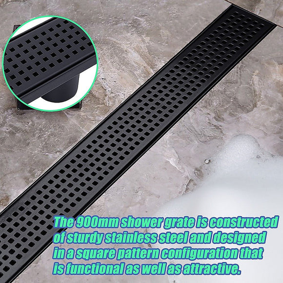 900mm Bathroom Shower Black Grate Drain w/Centre outlet Floor Waste Square Pattern - RnR Galore