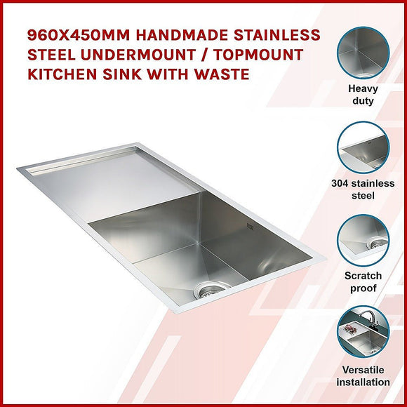 960x450mm Handmade Stainless Steel Undermount / Topmount Kitchen Sink with Waste - RnR Galore