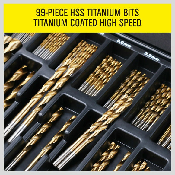 99Pc Drills Set HSS Titanium Coated Wood Plastic Metal Metric 1.5 - 10mm With Case - RnR Galore