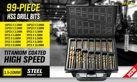99Pc Drills Set HSS Titanium Coated Wood Plastic Metal Metric 1.5 - 10mm With Case - RnR Galore