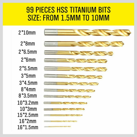 99Pc Drills Set HSS Titanium Coated Wood Plastic Metal Metric 1.5 - 10mm With Case - RnR Galore