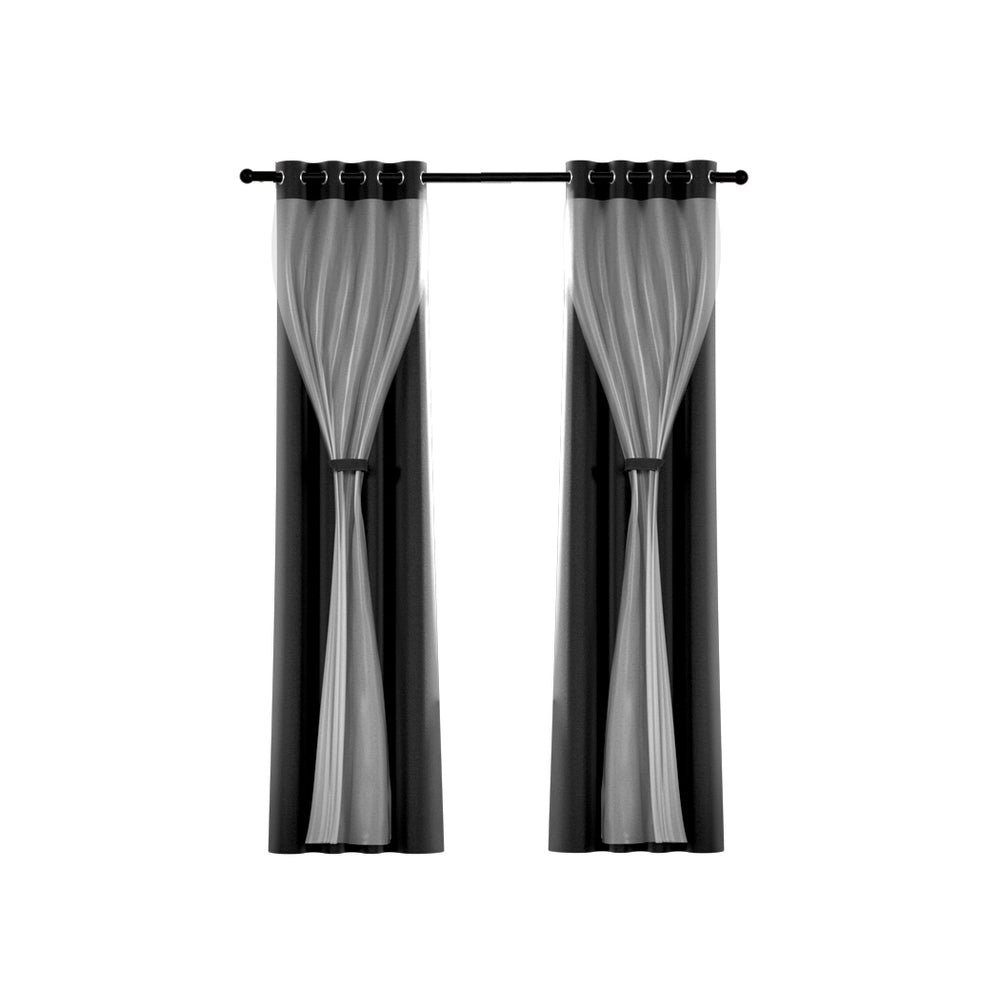 Artiss 2X 132x160cm Blockout Sheer Curtains Black