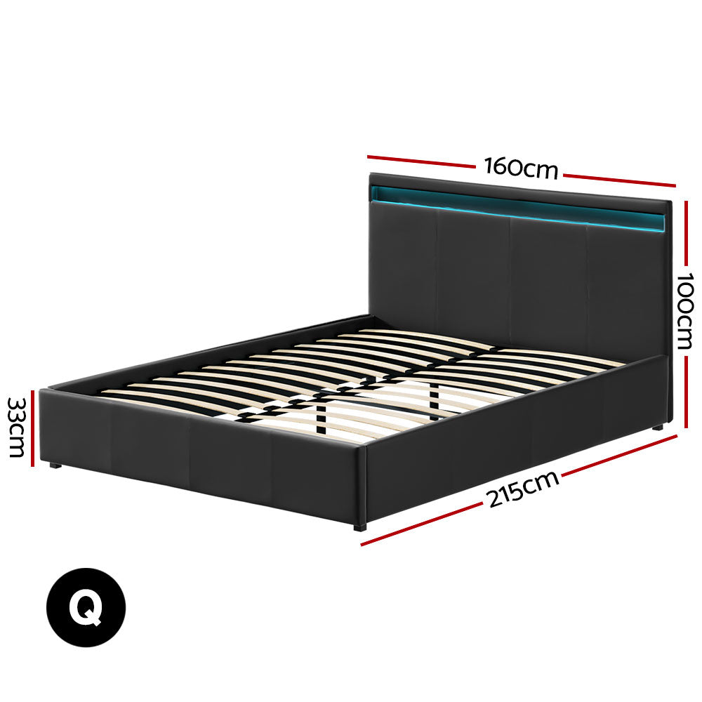 Artiss Cole LED Bed Frame PU Leather Gas Lift Storage - Black Queen - 0