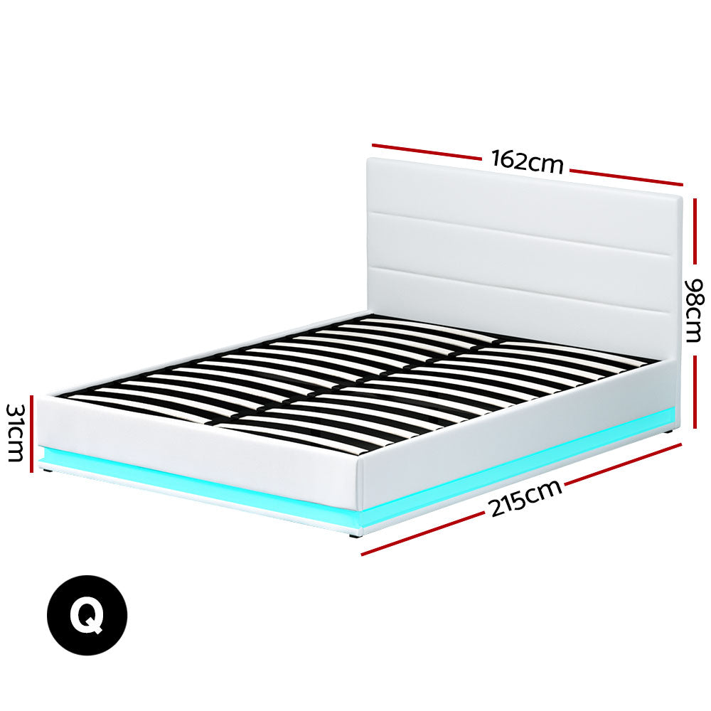 Artiss Lumi LED Bed Frame PU Leather Gas Lift Storage - White Queen - 0
