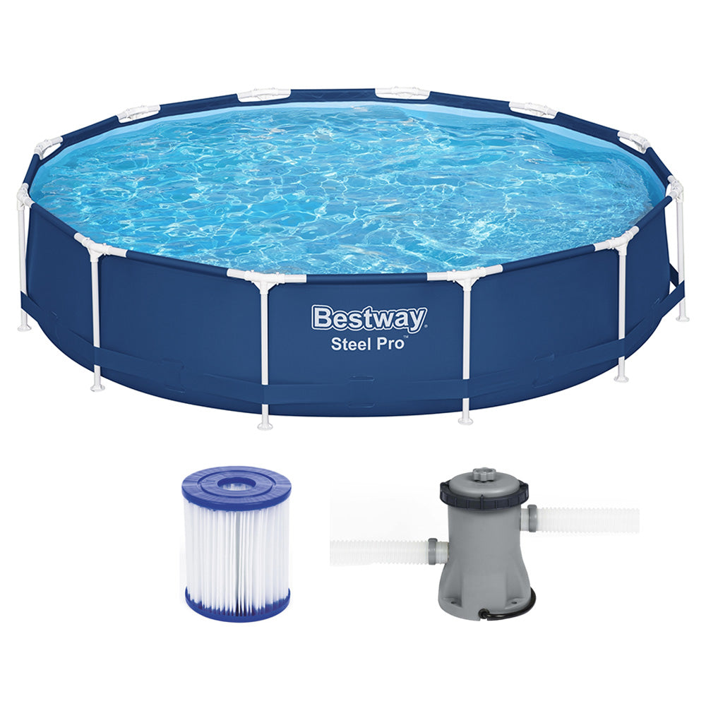 Bestway Swimming Pool 366x76cm Steel Frame Round Above Ground Pools w/ Filter Pump 6473L