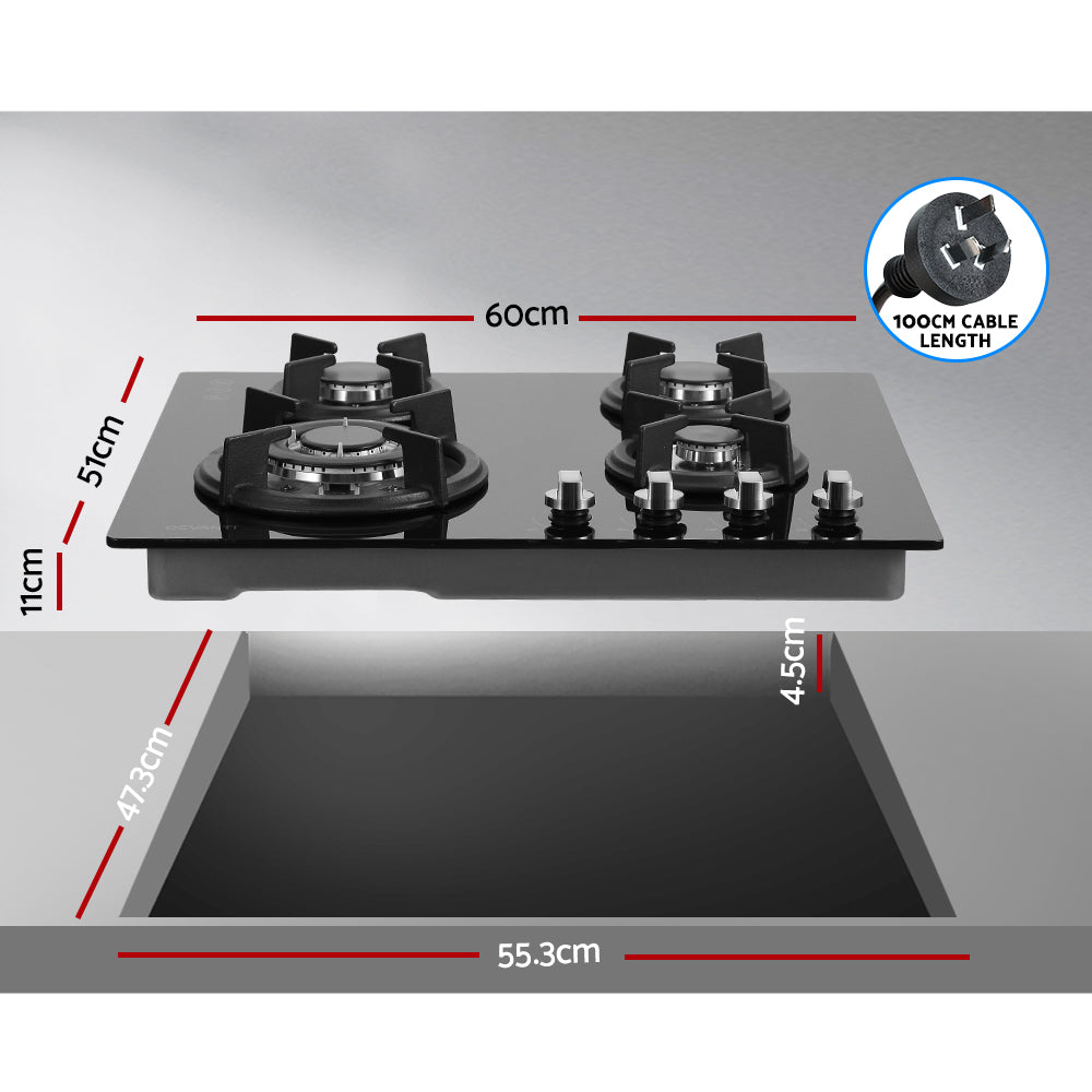 Devanti Gas Cooktop 60cm 4 Burner Black - 0