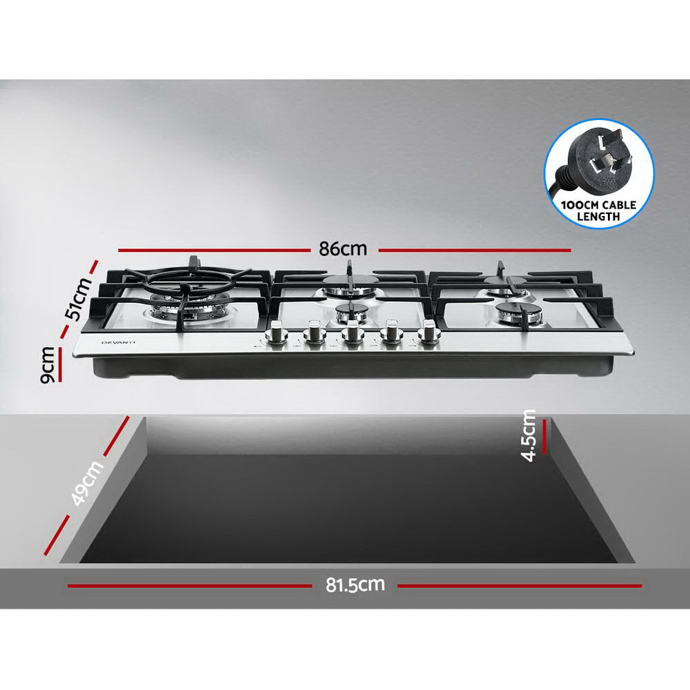 Devanti Gas Cooktop 90cm 5 Burner Silvir - 0