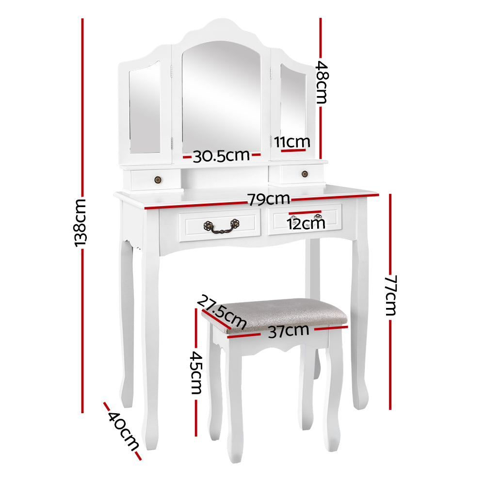 Artiss Dressing Table Stool Set Foldable Mirror White - 0