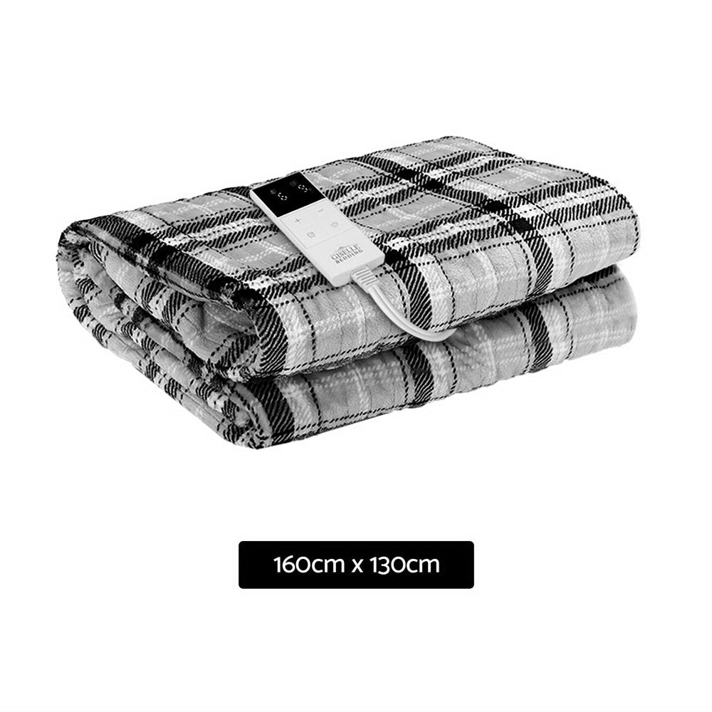 Giselle Bedding Electric Throw Rug Flannel Snuggle Blanket Washable Heated Grey and White Checkered - 0