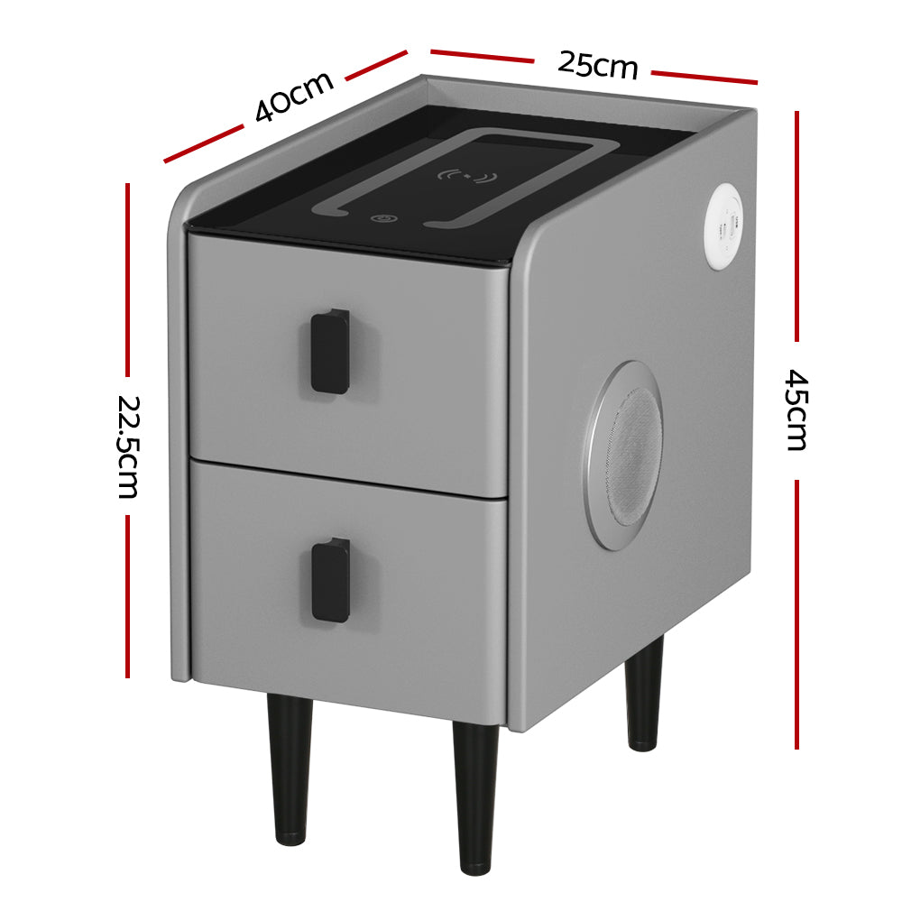 Artiss Smart Bedside Table 2 Drawers with Wireless Charging Ports LED Grey AIDA - 0