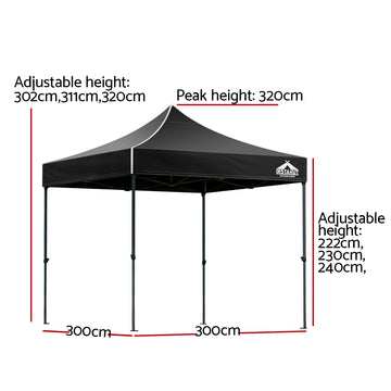 Instahut Gazebo Pop Up Marquee 3x3 Folding 500D Wedding Tent Base Pod Black - 0