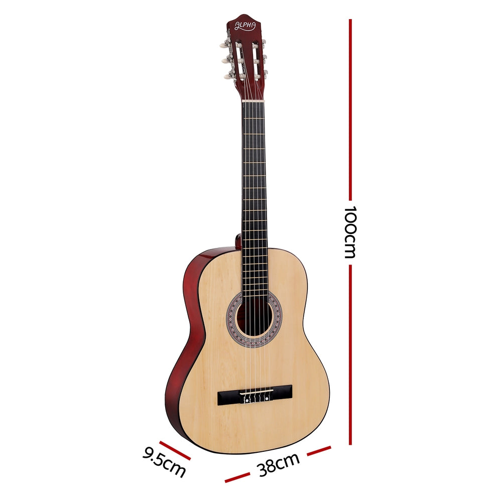 Alpha 39 Inch Classical Guitar Wooden Body Nylon String Beginner Gift Natural - 0