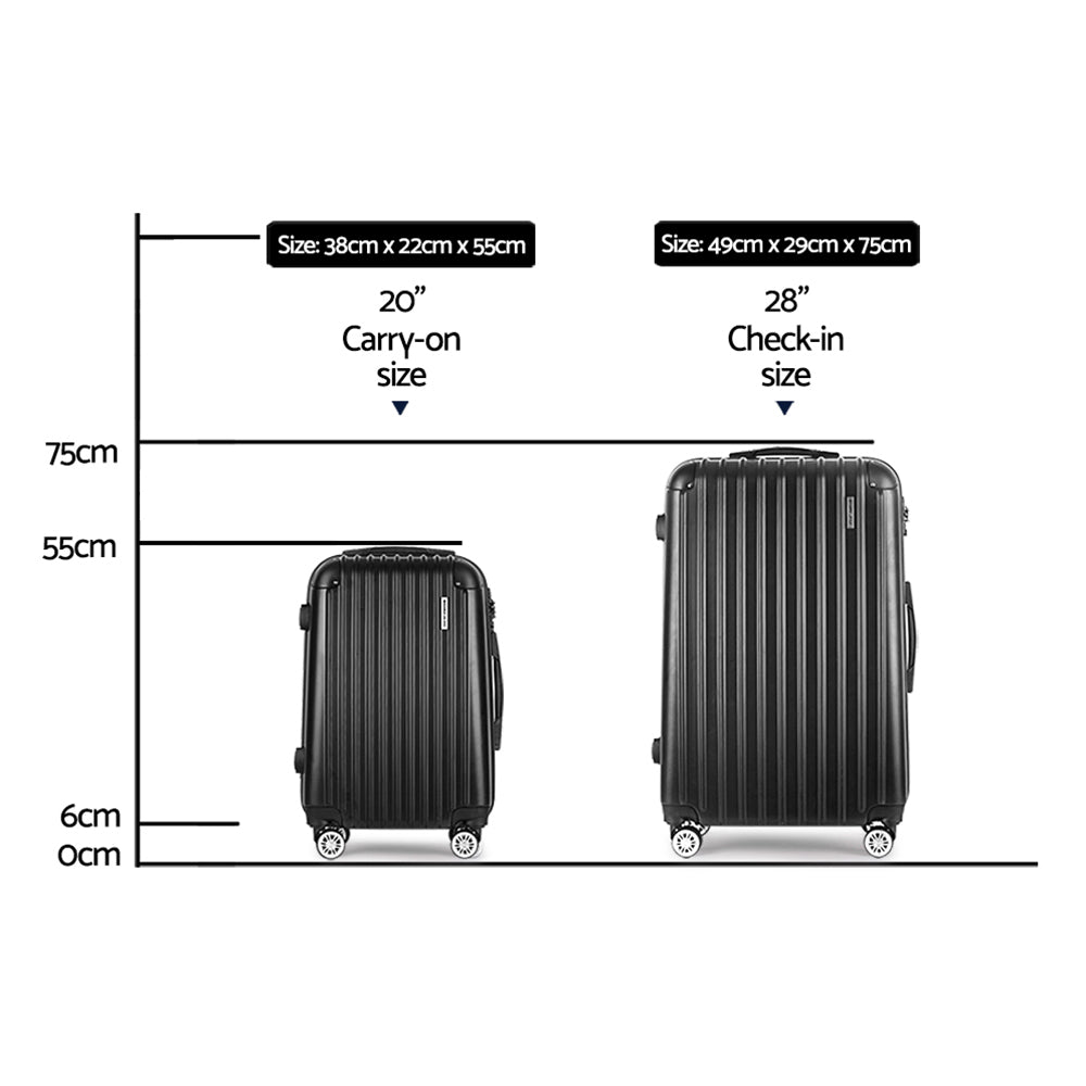 Wanderlite 2pcs Luggage Trolley Set Travel Suitcase Carry On Hard Case Lightweight Black - 0