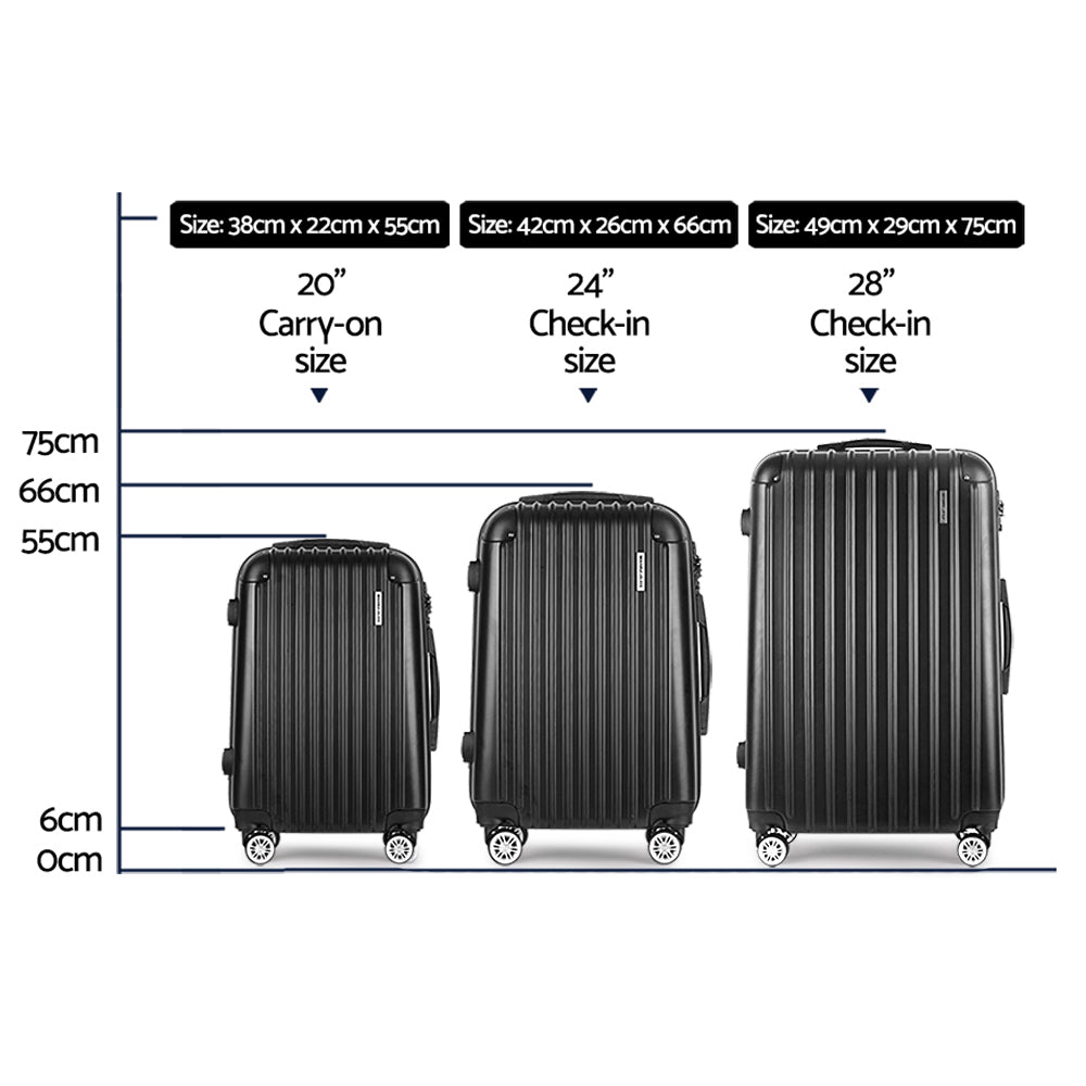 Wanderlite Luggage Set 3pc 20" 24" 28" Suitcase Hardcase Trolley Travel Black - 0