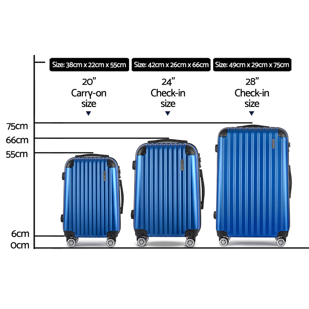 Wanderlite Luggage Set 3pc 20" 24" 28" Suitcase Hardcase Trolley Travel Blue - 0