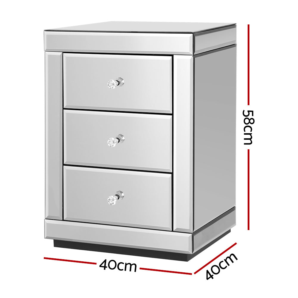 Artiss Set of 2 Bedside Table 3 Drawers Mirrored Glass - PRESIA Silver