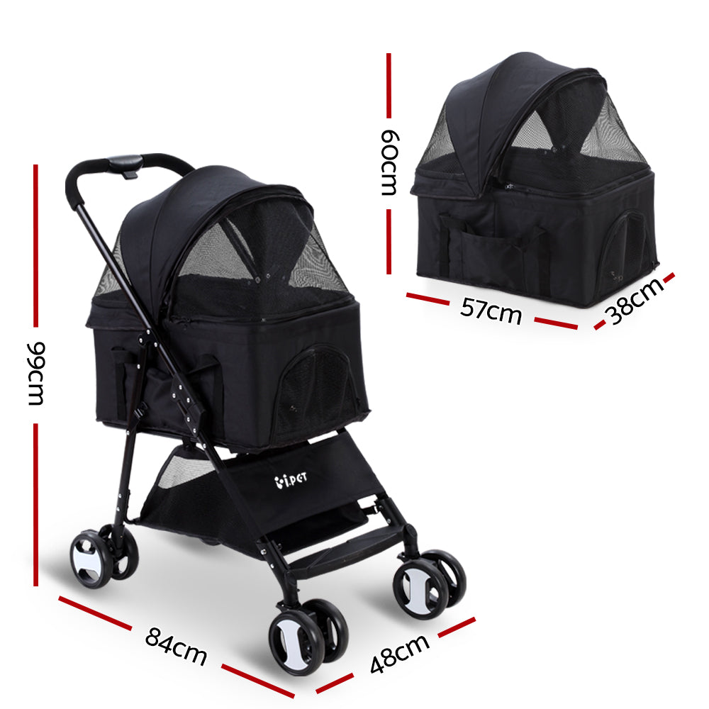 i.Pet Pet Stroller Dog Pram Cat Carrier Travel Large Pushchair Foldable 4 Wheels Black - 0