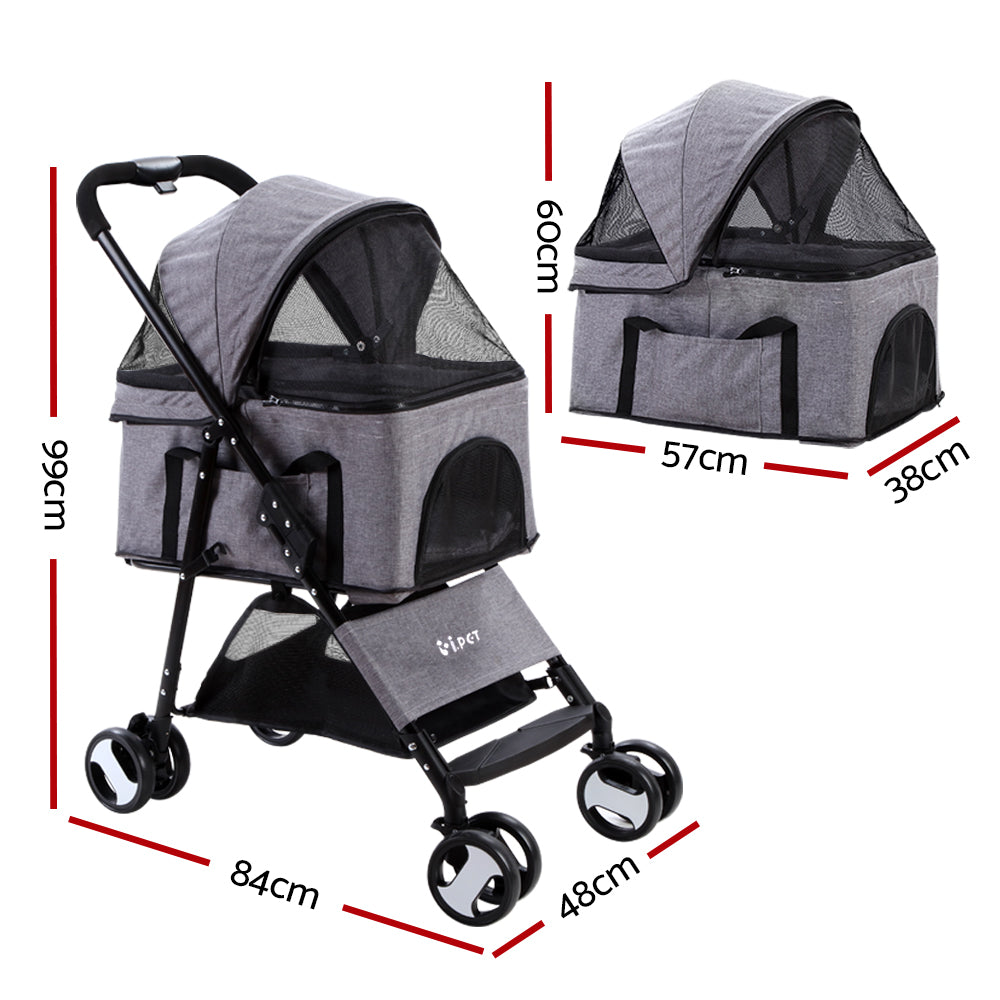 i.Pet Pet Stroller Dog Pram Cat Carrier Travel Large Pushchair Foldable 4 Wheels Grey - 0