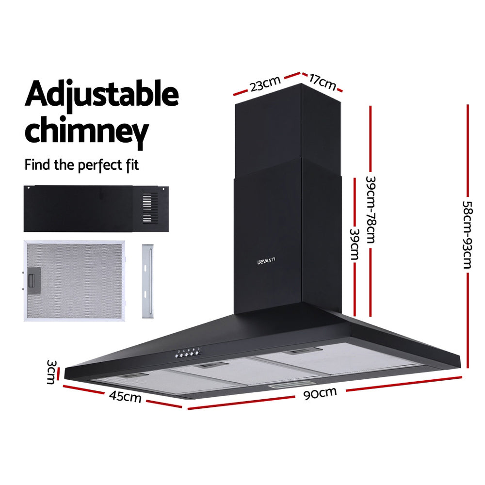 Devanti 900mm Range Hood 90cm Rangehood Black - 0