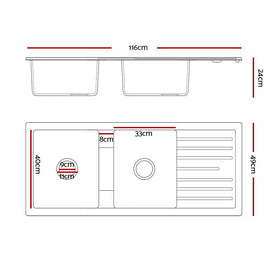 Cefito Kitchen Sink Stone Sink Granite Laundry Basin Double Bowl 116x49cm Black - 0