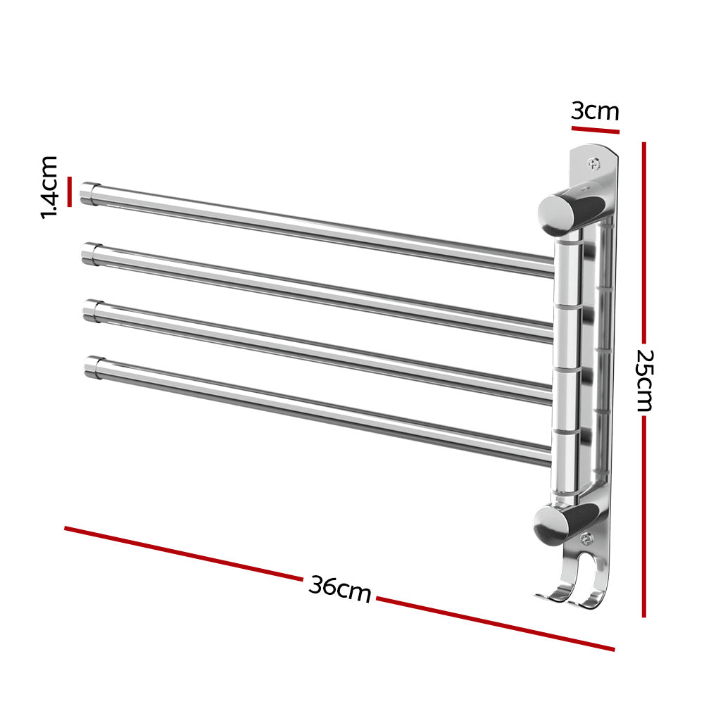 Towel Rail Rack Holder 4 Bars Wall Mounted Stainless Steel Swivel Hanging Hook - 0