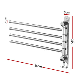 Towel Rail Rack Holder 4 Bars Wall Mounted Stainless Steel Swivel Hanging Hook - 0